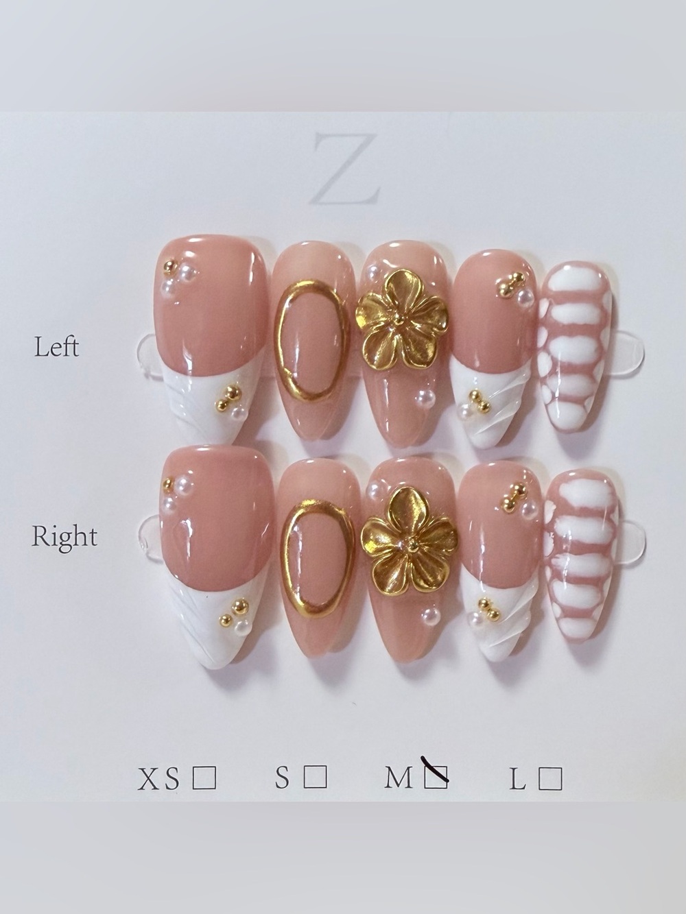 Nude Pink & White Floral Accent Press-On Nail Set with Gold Details